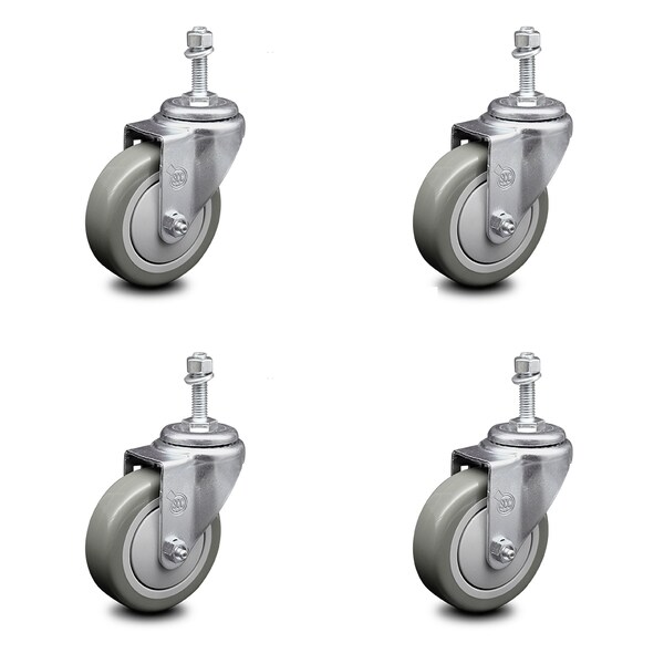 4 Inch Gray Polyurethane Wheel Swivel 3/8 Inch Threaded Stem Caster Set SCC